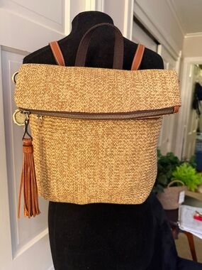 Patricia Nash Woven Straw Converter Backpack to Crossbody Bag Leather Trim